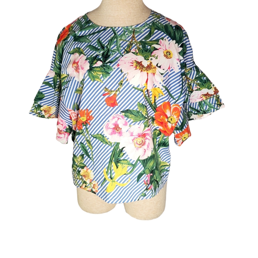 Bleuh Ciel Short Sleeve Floral Blouse With Large Ruffle Sleeves